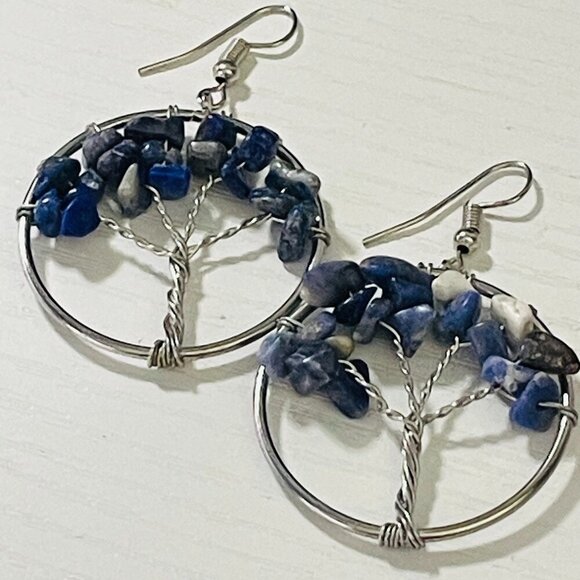 Tree of Life Jewelry - Tree of Life Wire Wrapped Earrings - Blue and White Stone Boho Dangles